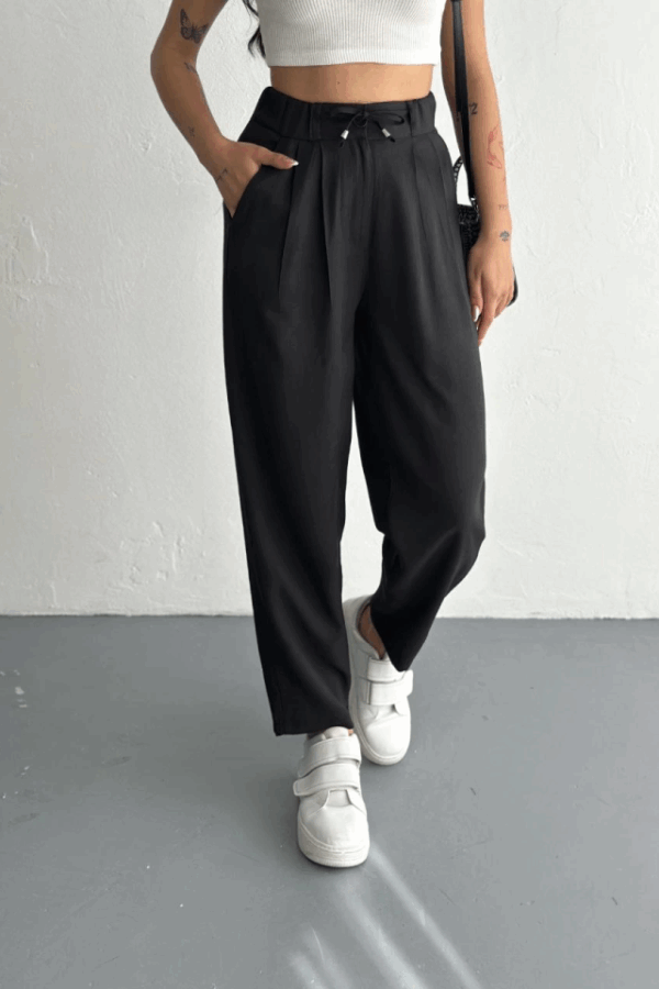 Yüksel Bel Rahat Paça Pantalon - Siyah