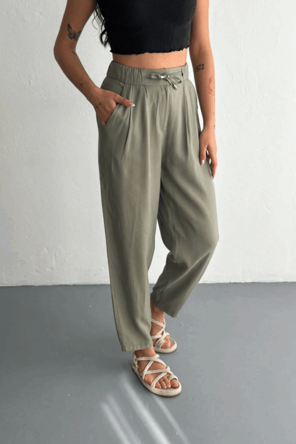 Yüksel Bel Rahat Paça Pantalon - Su Yeşili
