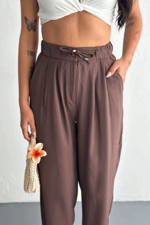 Yüksel Bel Rahat Paça Pantalon - Kahverengi