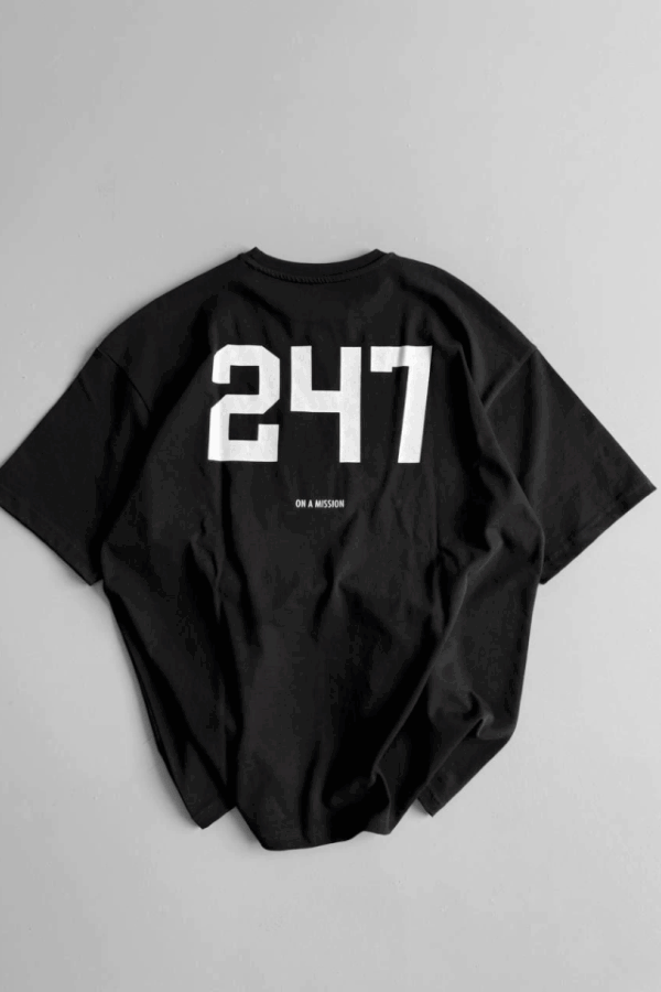 Baskılı Oversize Bisiklet Yaka T-shirt - Siyah