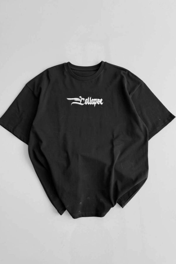 Baskılı Oversize Bisiklet Yaka T-shirt - Siyah