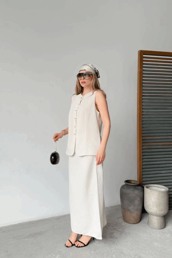 Keten Kolsuz Hırka Etek Ikili Takım- Beyaz