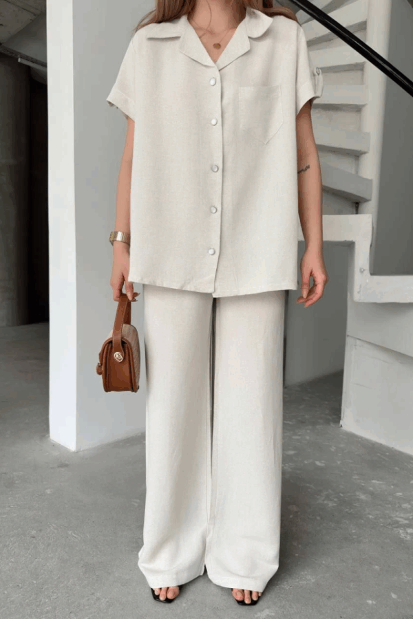 Keten Kısa Kollu Cepli Gömlek Pantolon Ikili Takım - Beyaz
