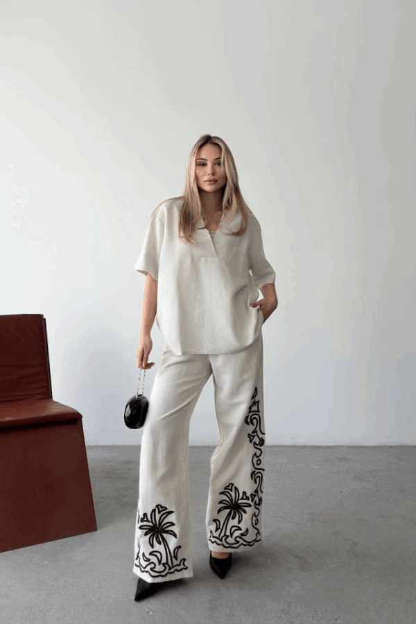 Keten Kısa Kolu  V Yaka Bluz Pantolon Ikili Takım- Beyaz