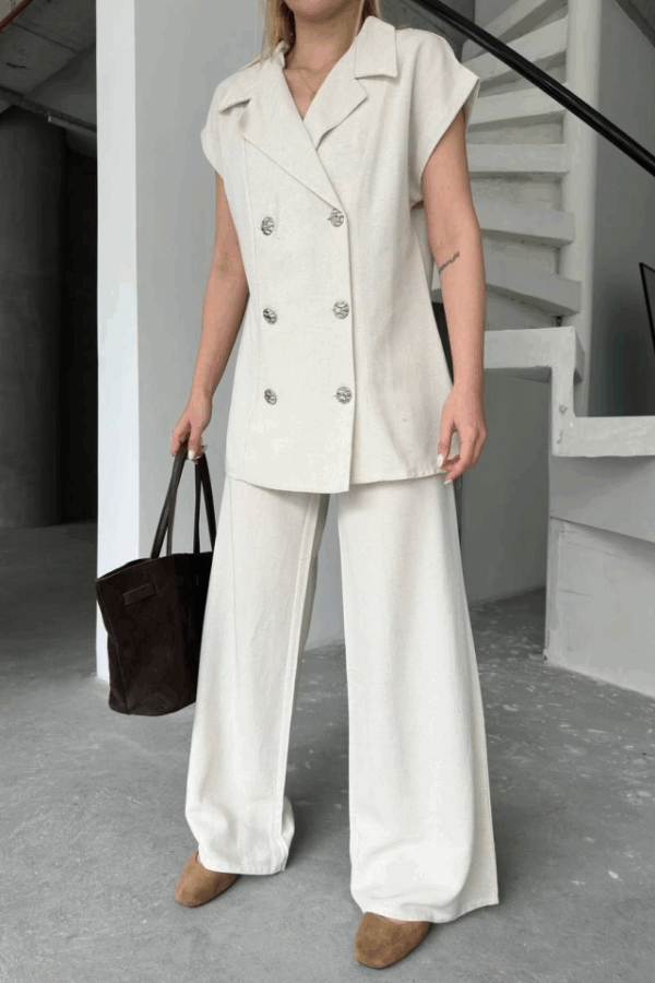 Keten Sıfır Kol Blezer Ceket Pantolon Ikili Takım- Beyaz