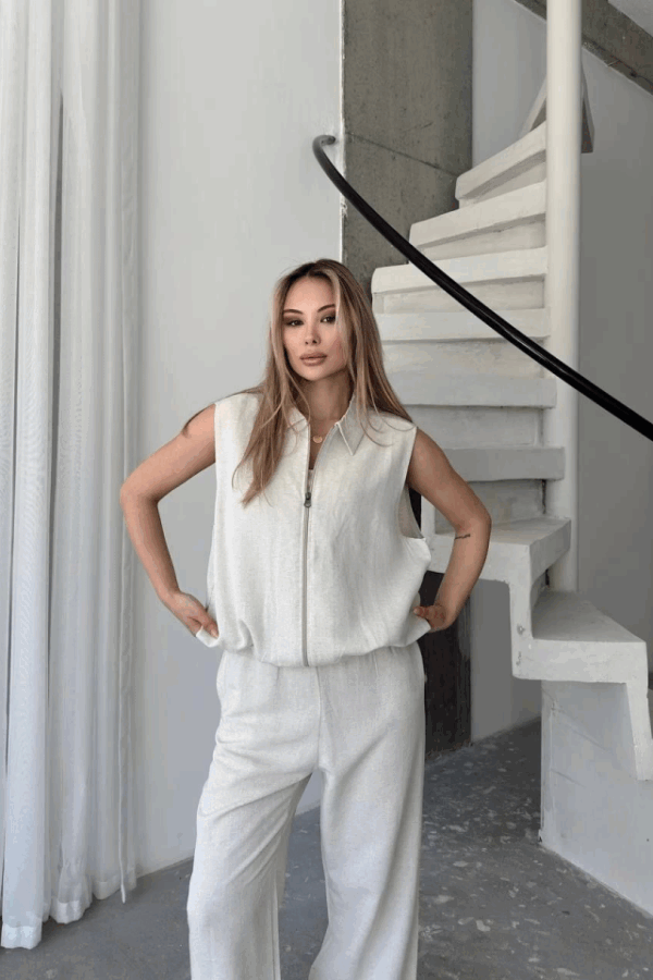 Keten Tam Fermuarlı Kolsuz Ceket Pantolon Ikili Takım- Beyaz