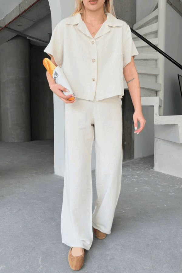 Keten Kısa Kollu Gömlek Pantolon Ikili Takım - Beyaz
