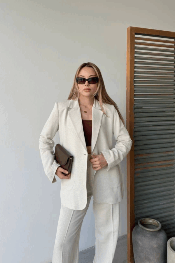 Keten Ceket Pantolon Ikili Takım - Beyaz