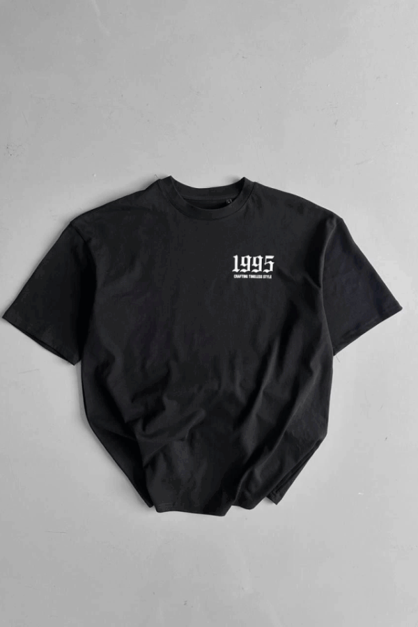 Baskılı Oversize Bisiklet Yaka T-shirt - Siyah