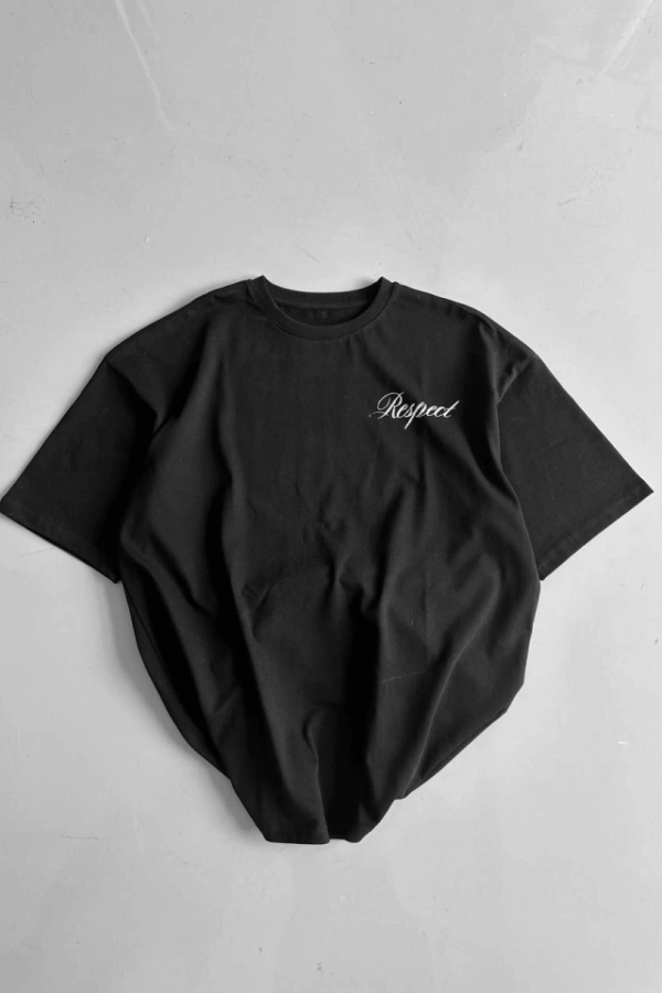 Baskılı Oversize Bisiklet Yaka T-shirt - Siyah