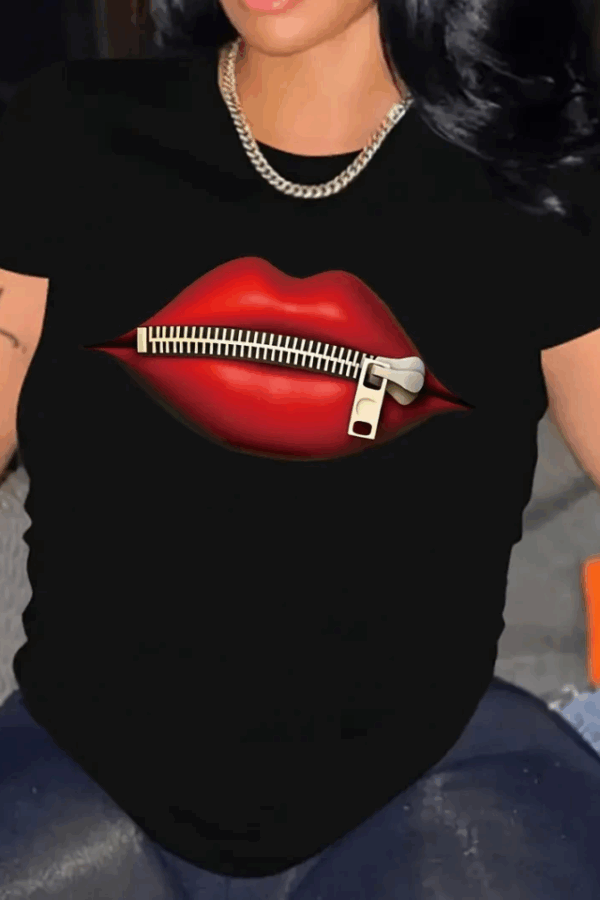 Baskılı Oversize Bisiklet Yaka T-shirt - Siyah