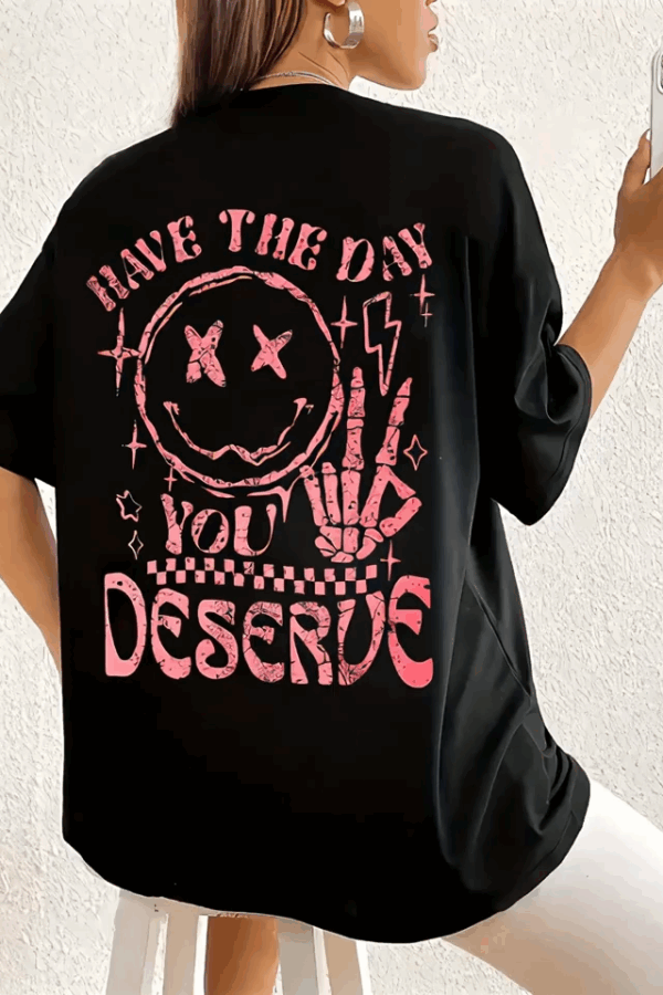 Baskılı Oversize Bisiklet Yaka T-shirt - Siyah