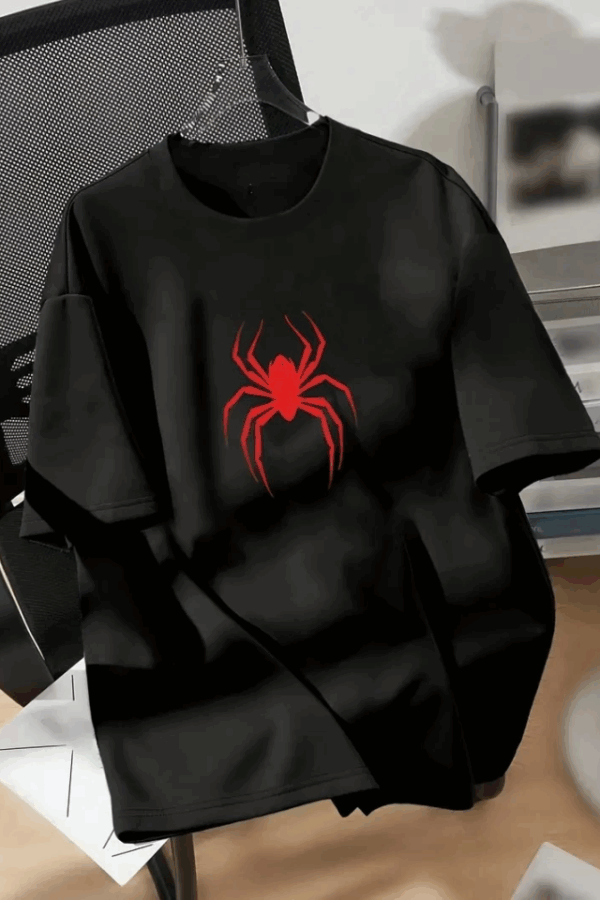 Baskılı Oversize Bisiklet Yaka T-shirt - Siyah