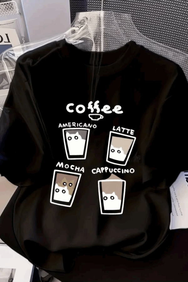 Baskılı Oversize Bisiklet Yaka T-shirt - Siyah