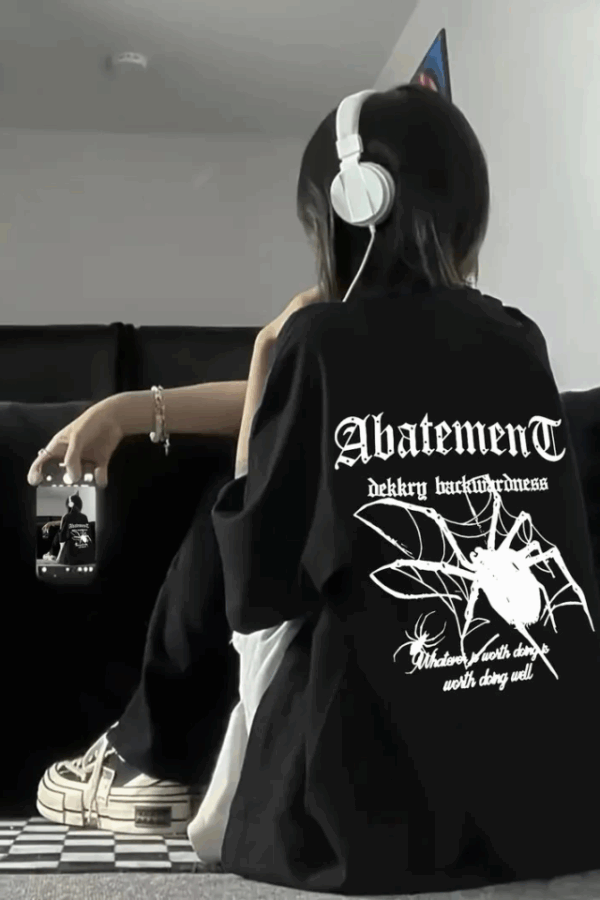 Baskılı Oversize Bisiklet Yaka T-shirt - Siyah