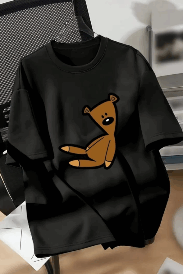 Baskılı Oversize Bisiklet Yaka T-shirt - Siyah