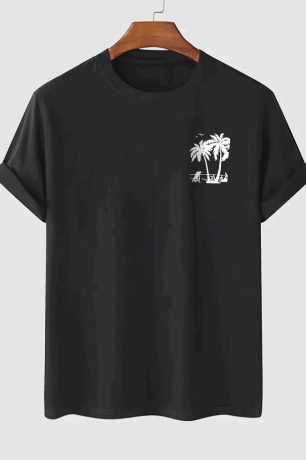 Baskılı Oversize Bisiklet Yaka T-shirt - Siyah