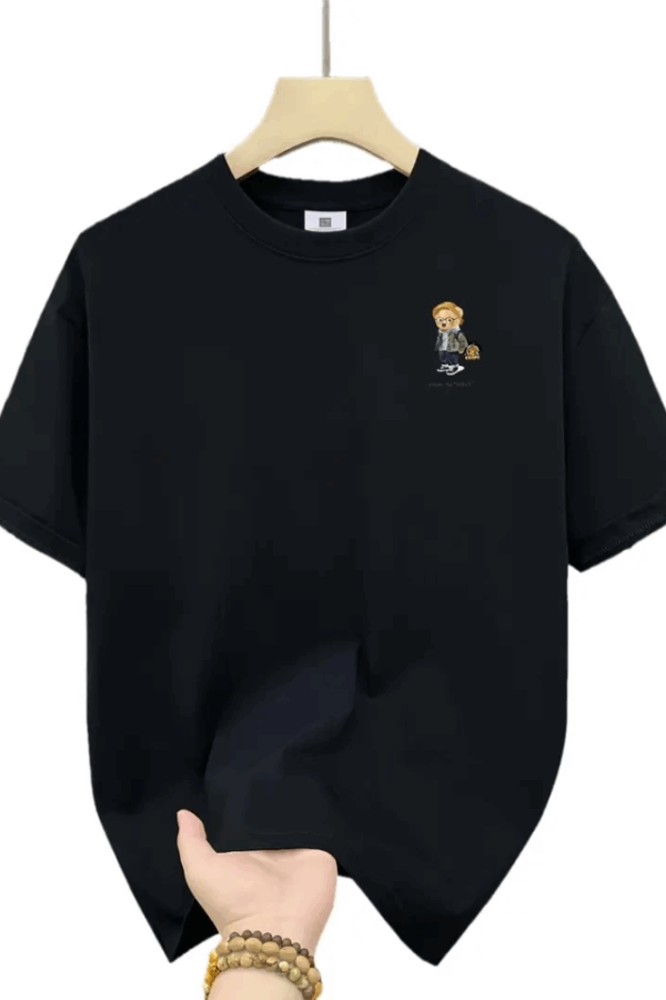 Baskılı Oversize Bisiklet Yaka T-shirt - Siyah