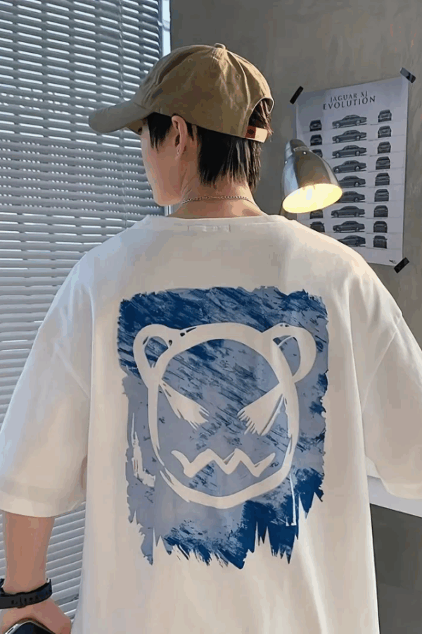 Baskılı Oversize Bisiklet Yaka T-shirt - Beyaz