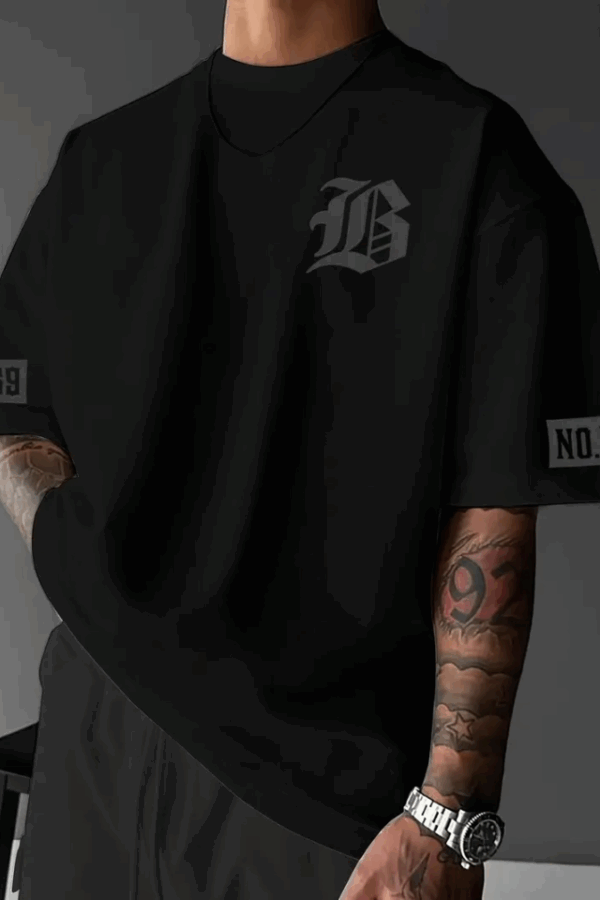 Baskılı Oversize Bisiklet Yaka T-shirt - Siyah