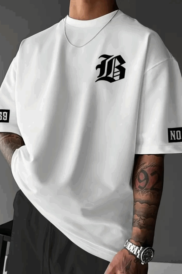 Baskılı Oversize Bisiklet Yaka T-shirt - Beyaz