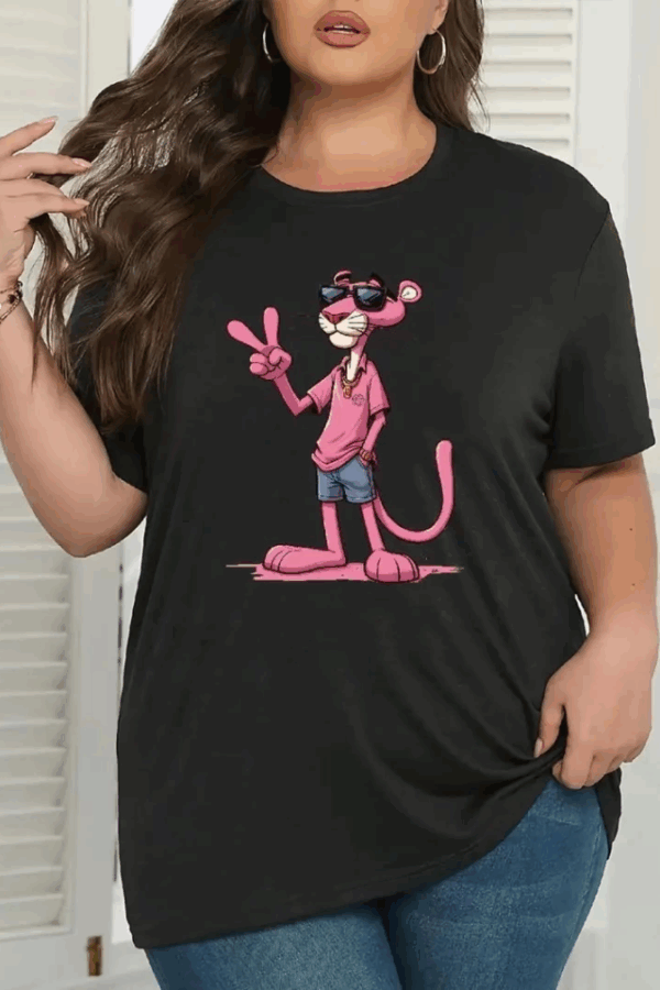 Pembe Panter Baskılı Oversize Bisiklet Yaka T-shirt - Beyaz