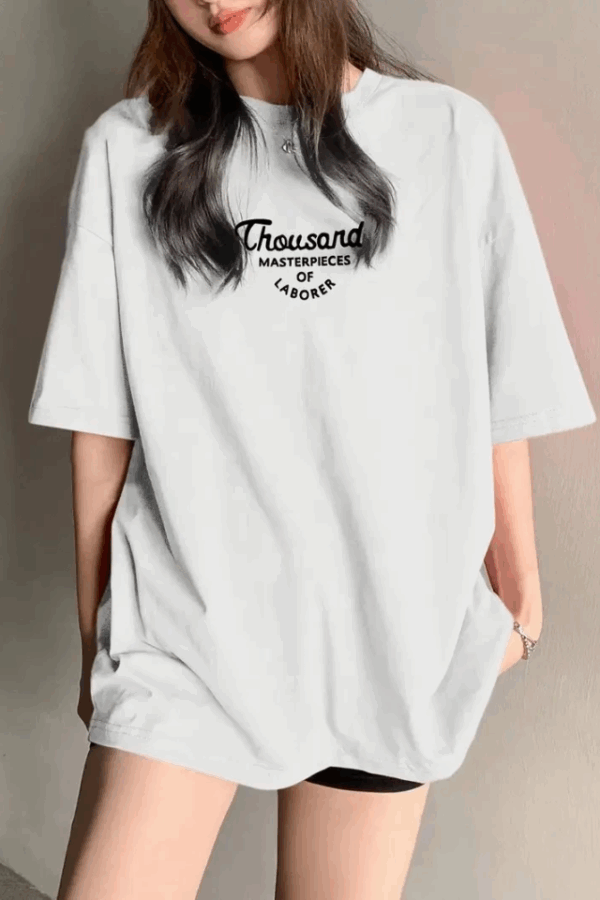 Thousand Baskılı Oversize Bisiklet Yaka T-shirt - Beyaz