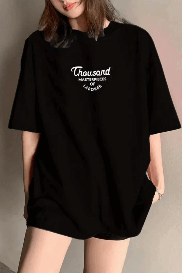 Thousand Baskılı Oversize Bisiklet Yaka T-shirt - Siyah