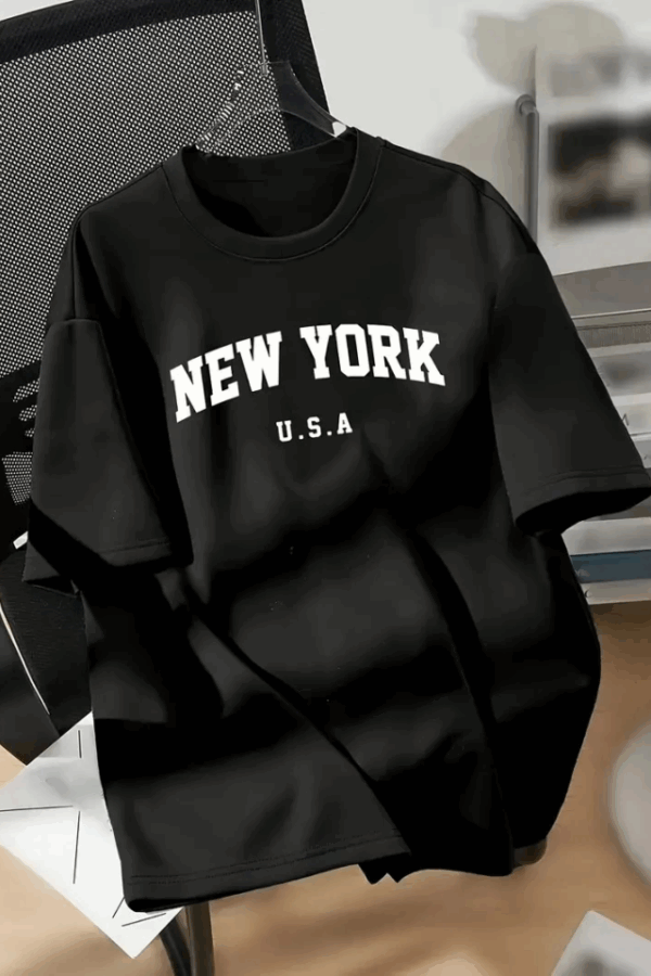 New York Baskılı Oversize Bisiklet Yaka T-shirt - Siyah