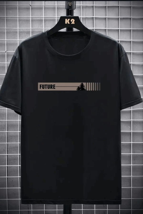 Baskılı Oversize Bisiklet Yaka T-shirt - Siyah