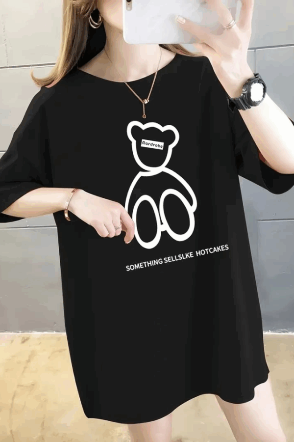 Baskılı Oversize Bisiklet Yaka T-shirt - Siyah