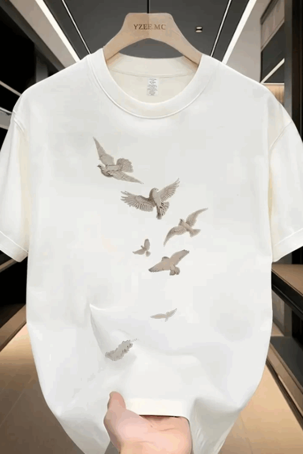 Baskılı Oversize Bisiklet Yaka T-shirt - Beyaz