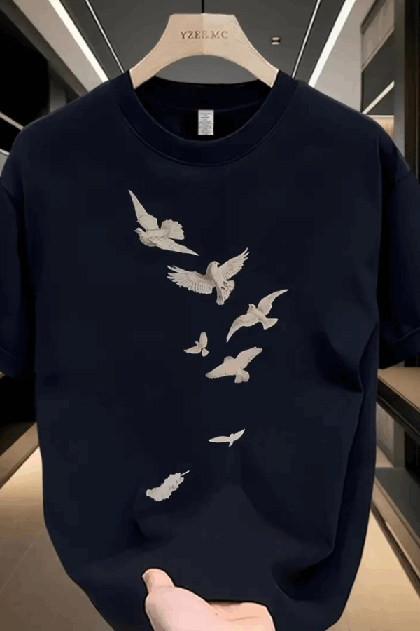 Baskılı Oversize Bisiklet Yaka T-shirt - Beyaz