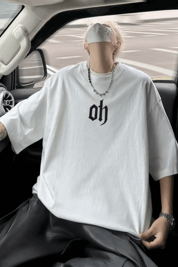 Baskılı Oversize Bisiklet Yaka T-shirt - Beyaz