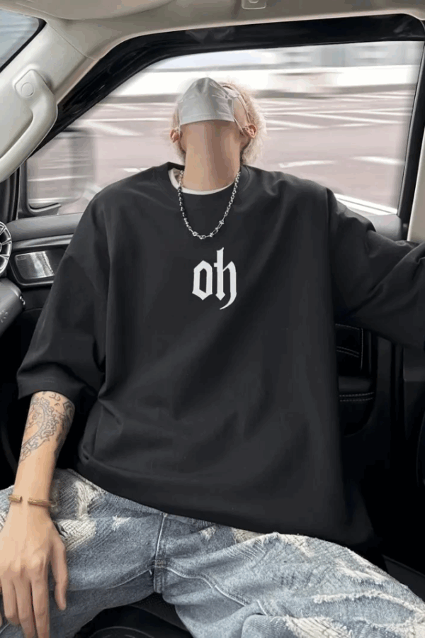 Baskılı Oversize Bisiklet Yaka T-shirt - Siyah