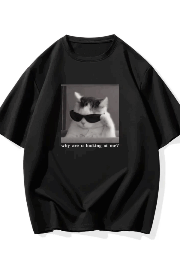 Baskılı Oversize Bisiklet Yaka T-shirt - Siyah