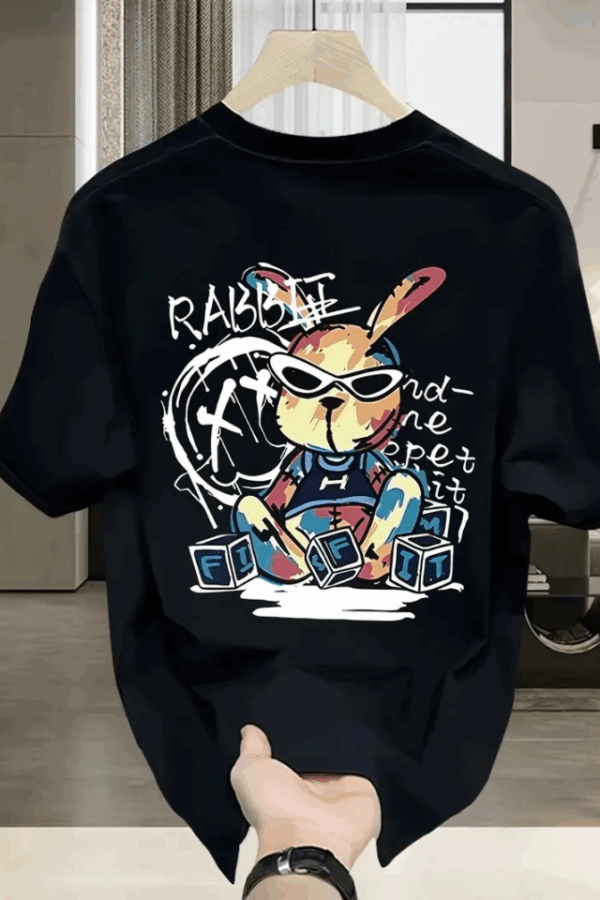 Baskılı Oversize Bisiklet Yaka T-shirt - Siyah