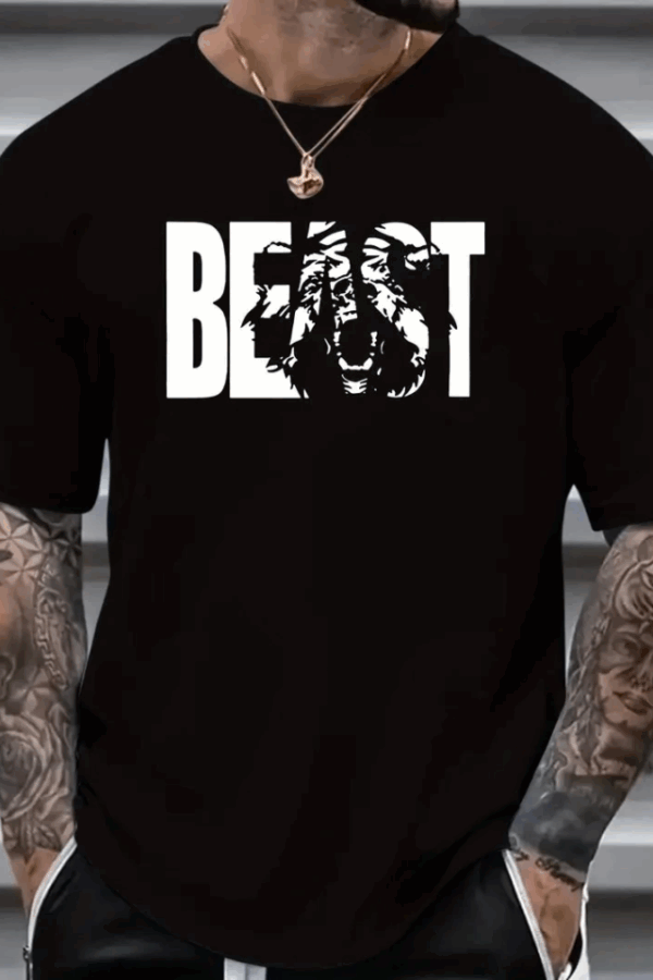 Baskılı Oversize Bisiklet Yaka T-shirt - Siyah