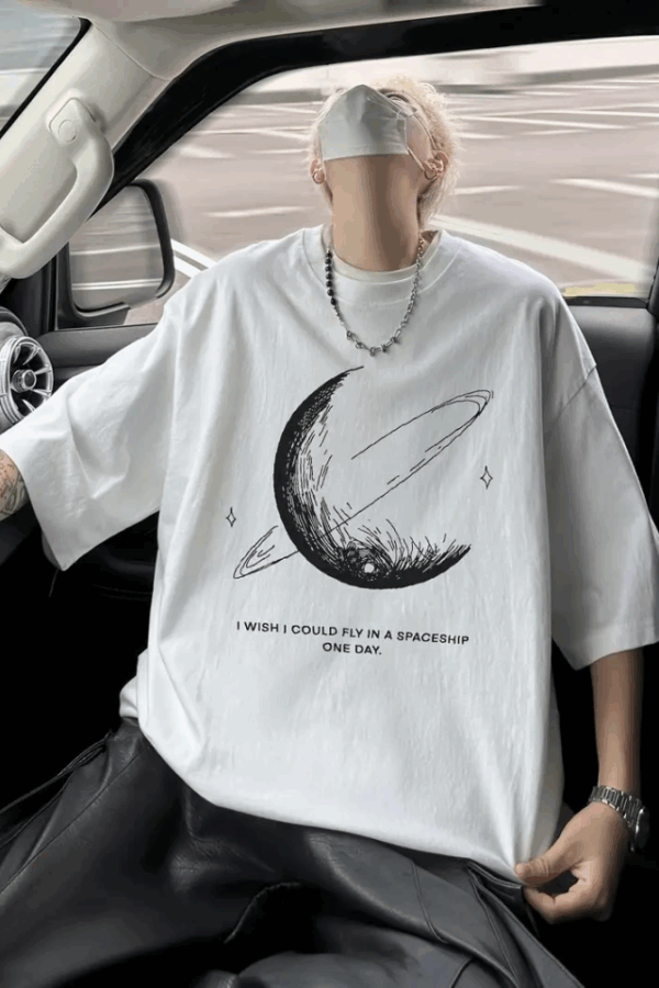 Baskılı Oversize Bisiklet Yaka T-shirt - Beyaz