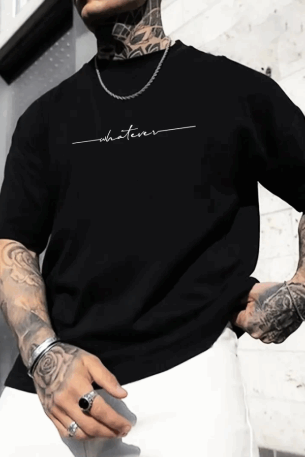 Baskılı Oversize Bisiklet Yaka T-shirt - Siyah