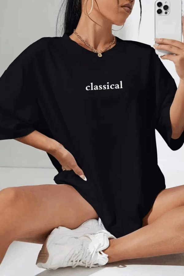 Baskılı Oversize Bisiklet Yaka T-shirt - Siyah