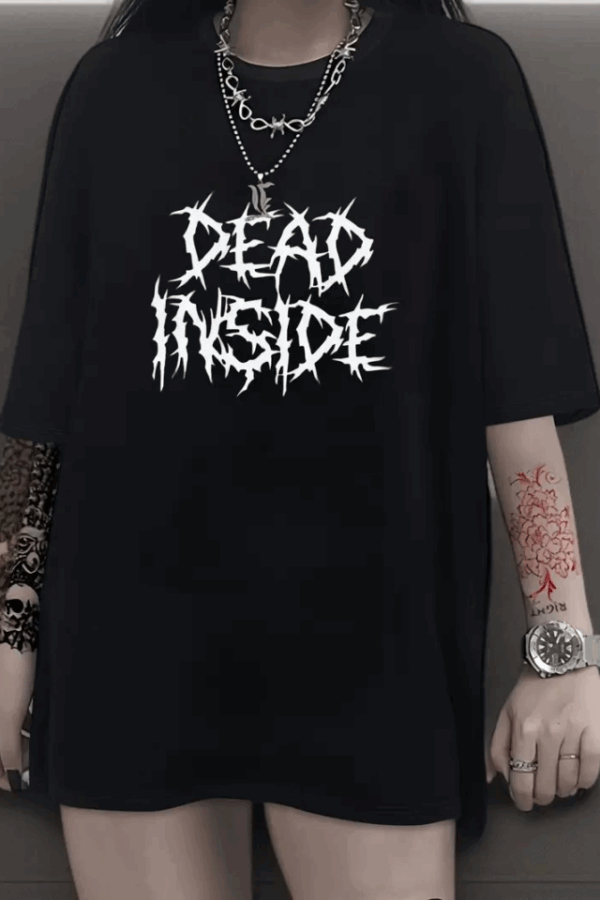 Baskılı Oversize Bisiklet Yaka T-shirt - Siyah