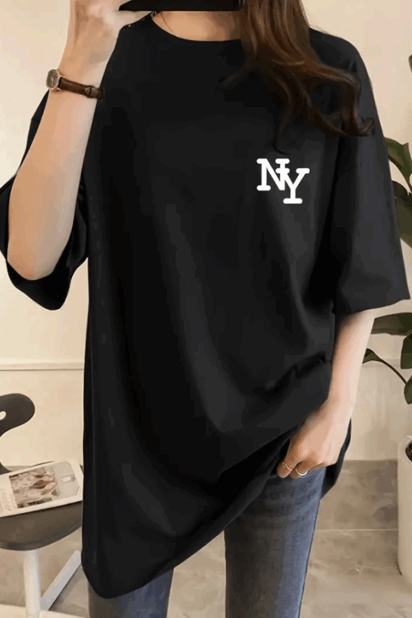 Baskılı Oversize Bisiklet Yaka T-shirt - Siyah