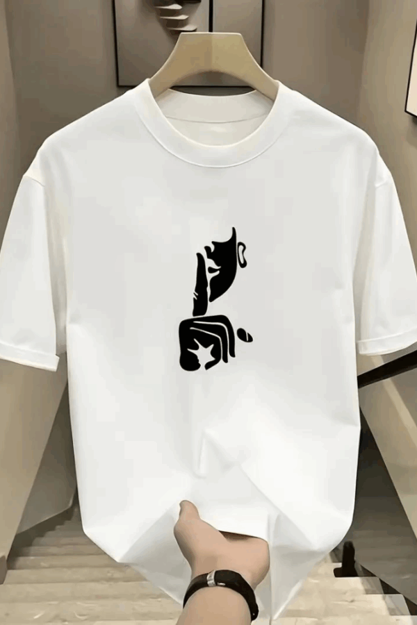 Rahat Bisiklet Yaka Tişört, Yaratıcı Karikatür Baskı - Yumuşak Polyester, Her Mevsim Giyilebilir- Beyaz