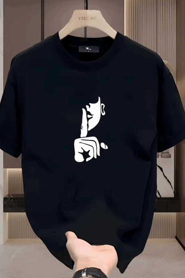 Rahat Bisiklet Yaka Tişört, Yaratıcı Karikatür Baskı - Yumuşak Polyester, Her Mevsim Giyilebilir- Siyah