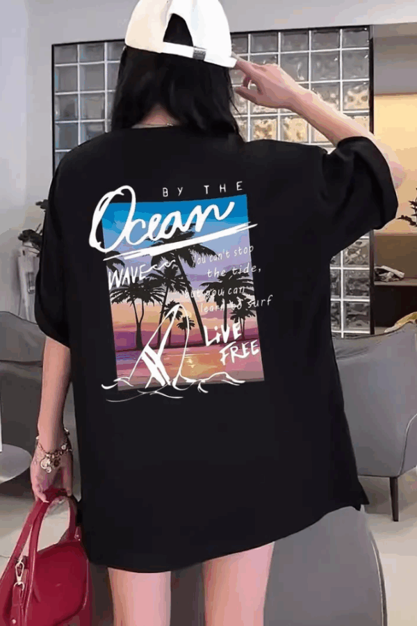 Kadınlar İçin Geniş Kesim Tişört - Kısa Kollu, Bol Kesim, Manzaralı Okyanus Baskı, Günlük Yazlık Üst, Siyah- Siyah
