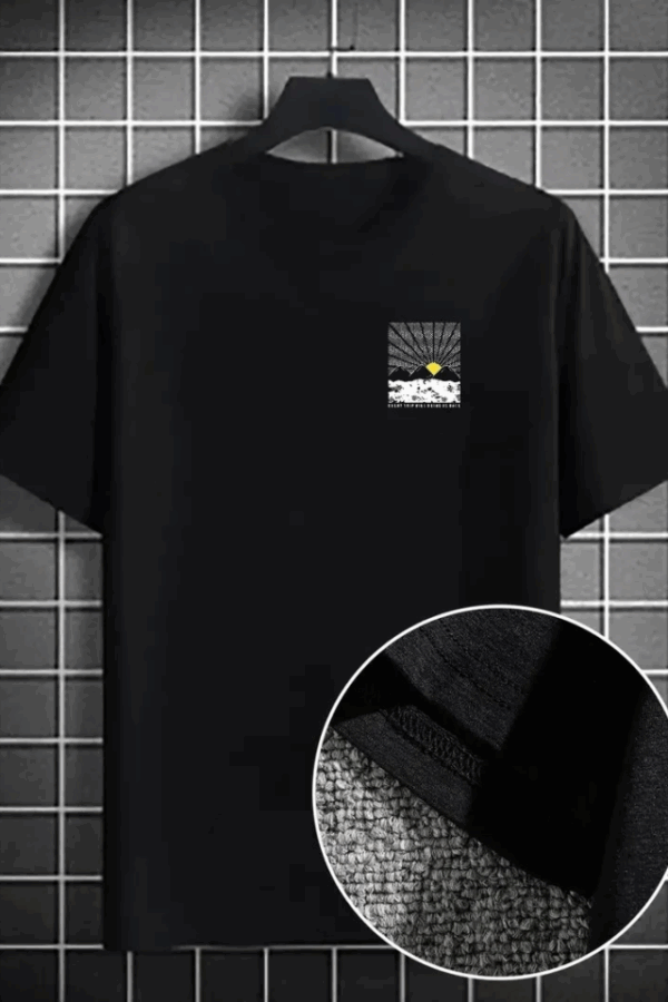 Erkek Dağ Grafikli Tişört, Yaz Için Büyük Beden Rahat T-shirt - Siyah