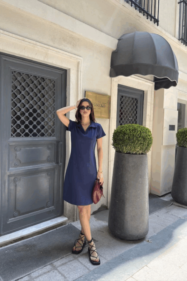 Osy Modal Yumuşak Dokulu Kumaş Yakalı Kısa Kollu Elbise - Mavi