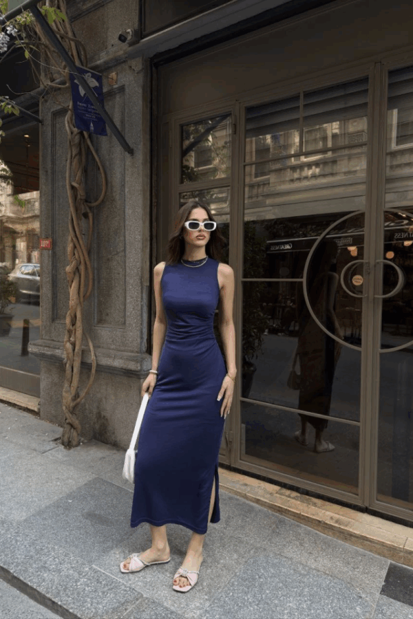 Osy Modal Yumuşak Dokulu Kumaş Bisiklet Yaka Sıfır Kolsuz Yırtmaçlı Uzun Elbise - Mavi