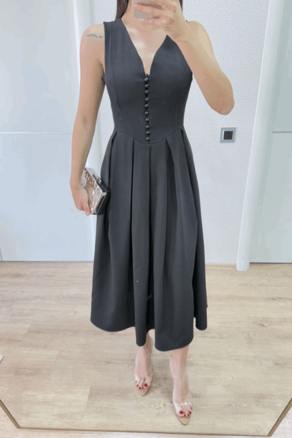 V Yaka Uzun Kolsuz Elbise- Siyah